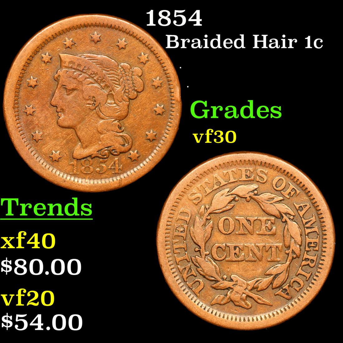 1854 Braided Hair Large Cent 1c Grades vf++ (1 of 3)