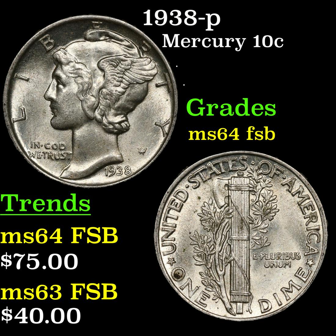 1938-p Mercury Dime 10c Grades Choice Unc FSB (1 of 3)
