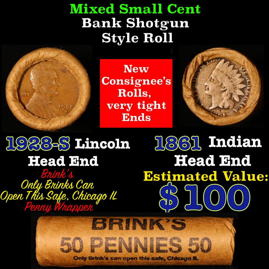 Mixed small cents 1c orig shotgun roll, 1928-s Wheat Cent, 1861 Indian Cent other end,brinks Wra (1 of 4)