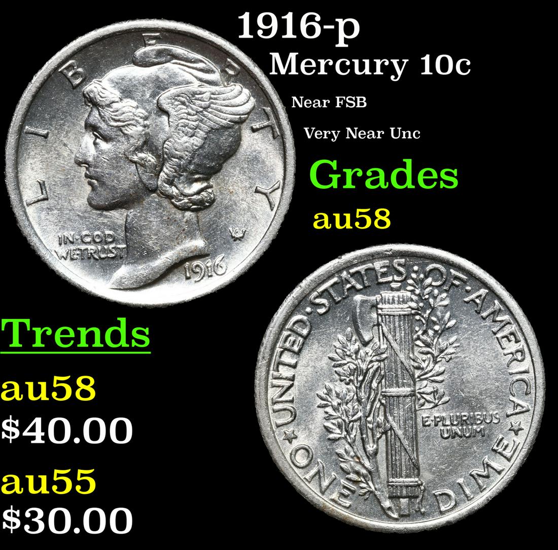 1916-p Mercury Dime 10c Grades Choice AU/BU Slider (1 of 3)