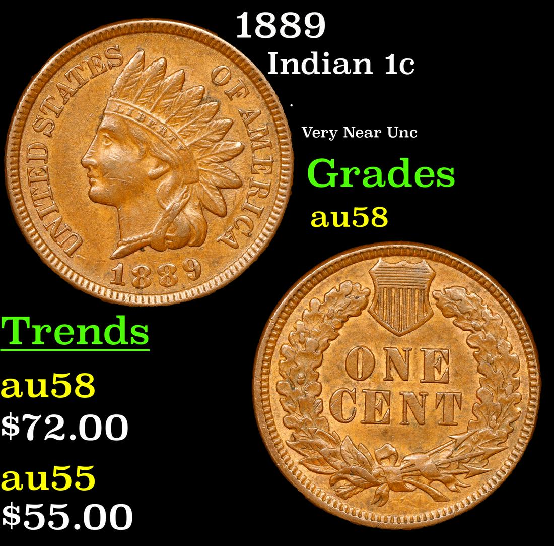 1889 Indian Cent 1c Grades Choice AU/BU Slider (1 of 3)