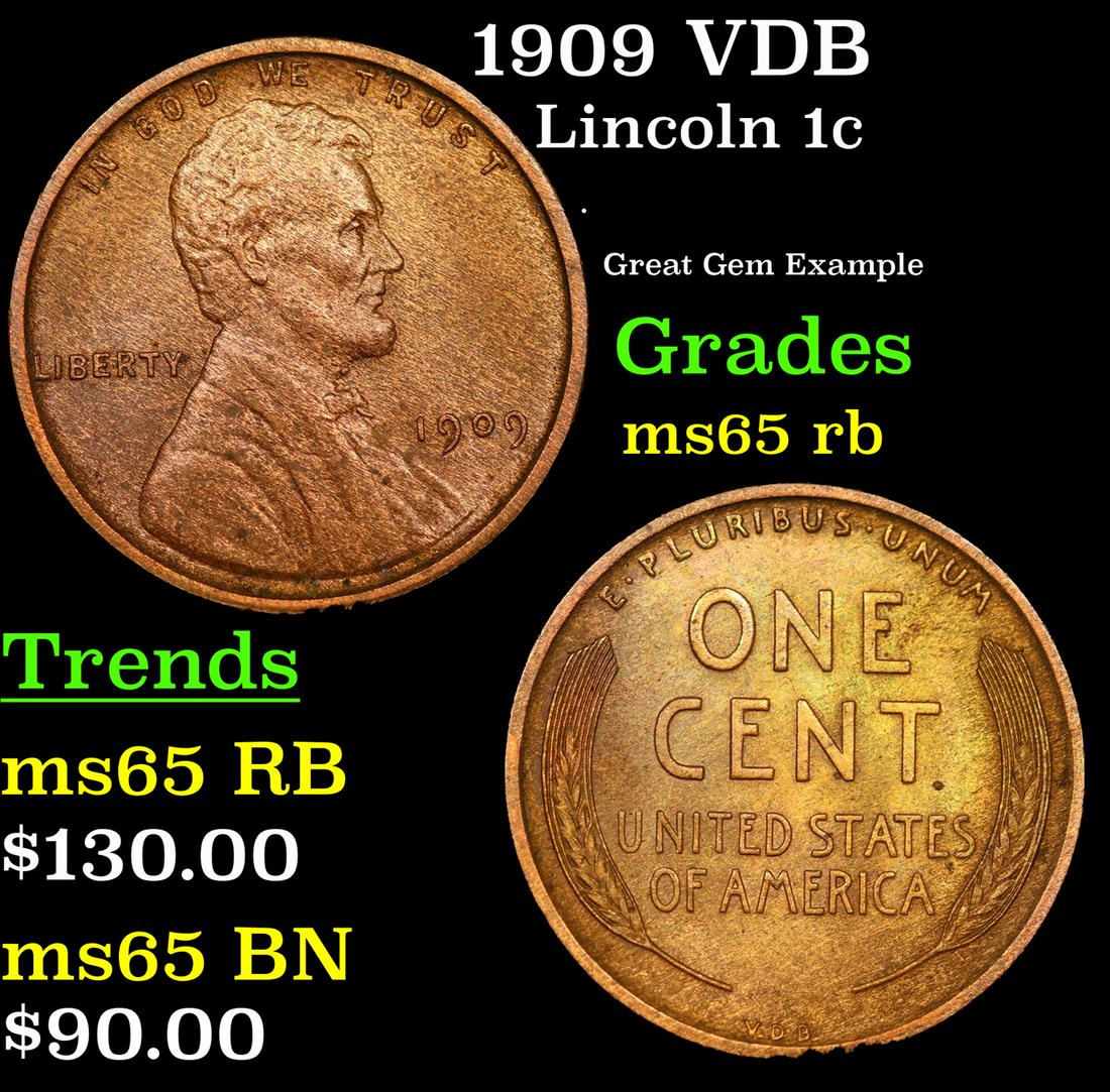 1909 VDB Lincoln Cent 1c Grades GEM Unc RB: 1909 VDB Lincoln Cent 1c Grades GEM Unc RB. Always sought after date. Always popular.