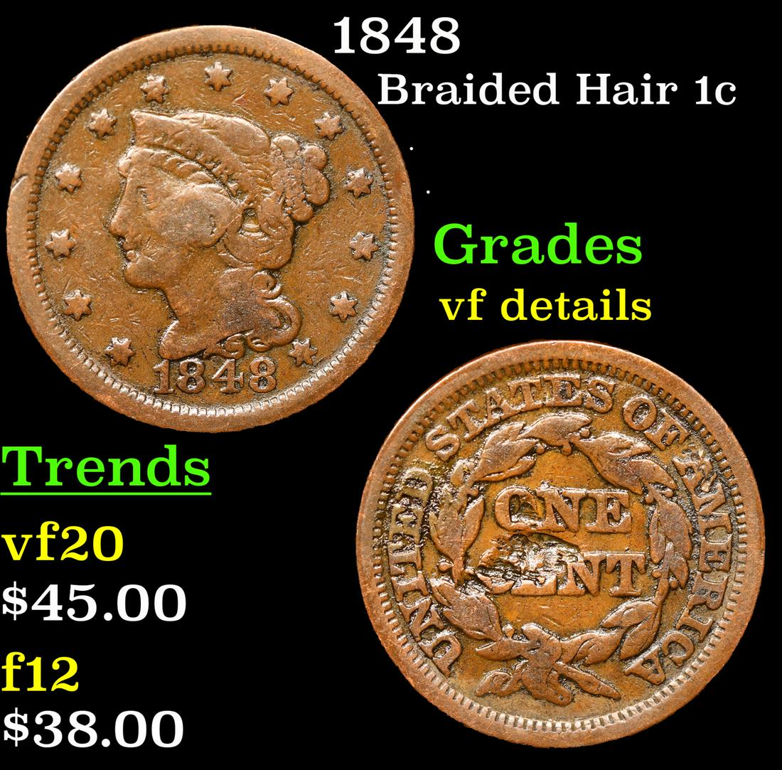 1848 Braided Hair Large Cent 1c Grades vf details (1 of 3)