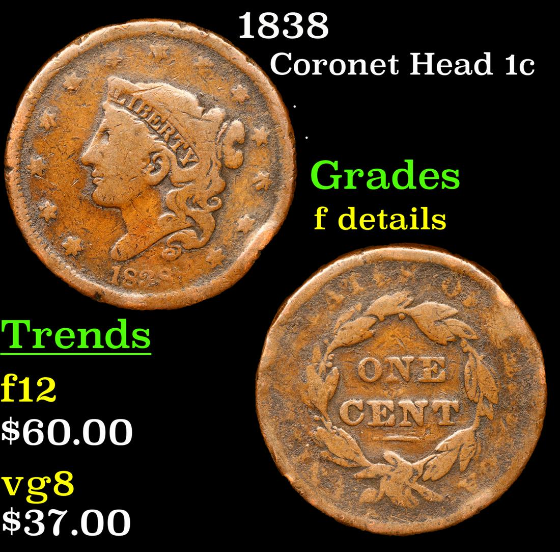 1838 Coronet Head Large Cent 1c Grades f details (1 of 3)