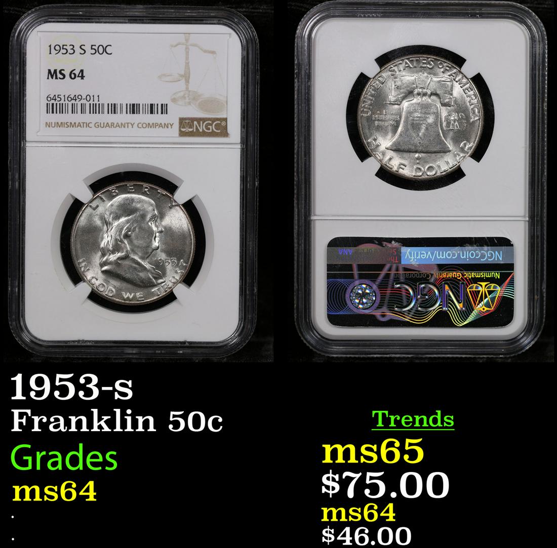 NGC 1953-s Franklin Half Dollar 50c Graded ms64 By NGC (1 of 3)