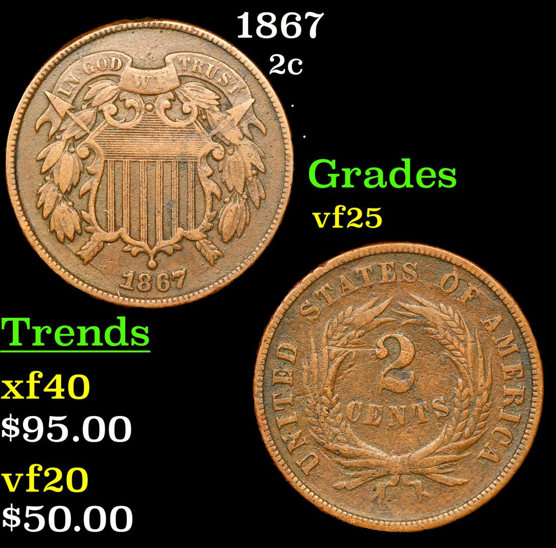 1867 Two Cent Piece 2c Grades vf+ (1 of 3)