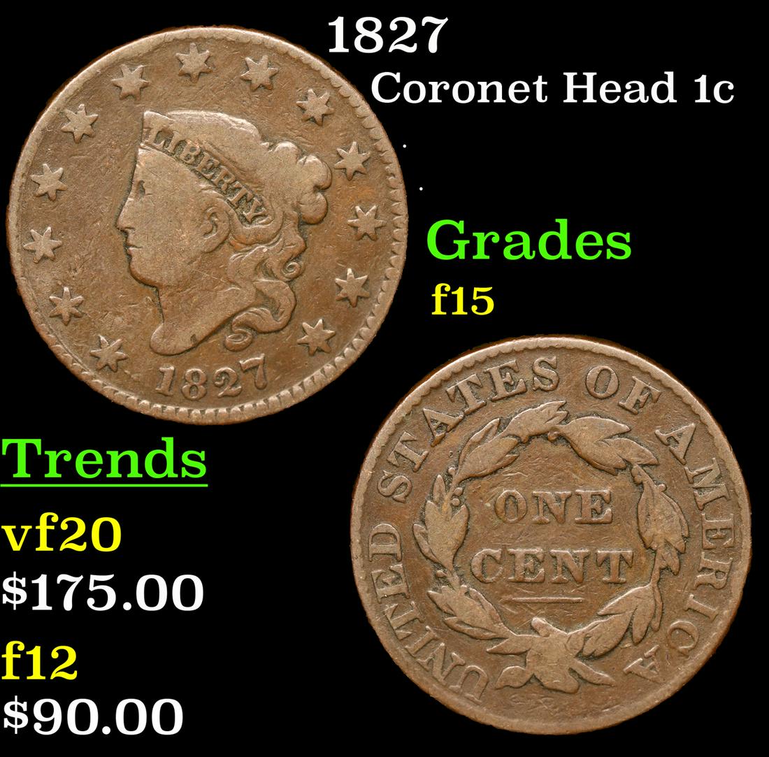 1827 Coronet Head Large Cent 1c Grades f+ (1 of 3)
