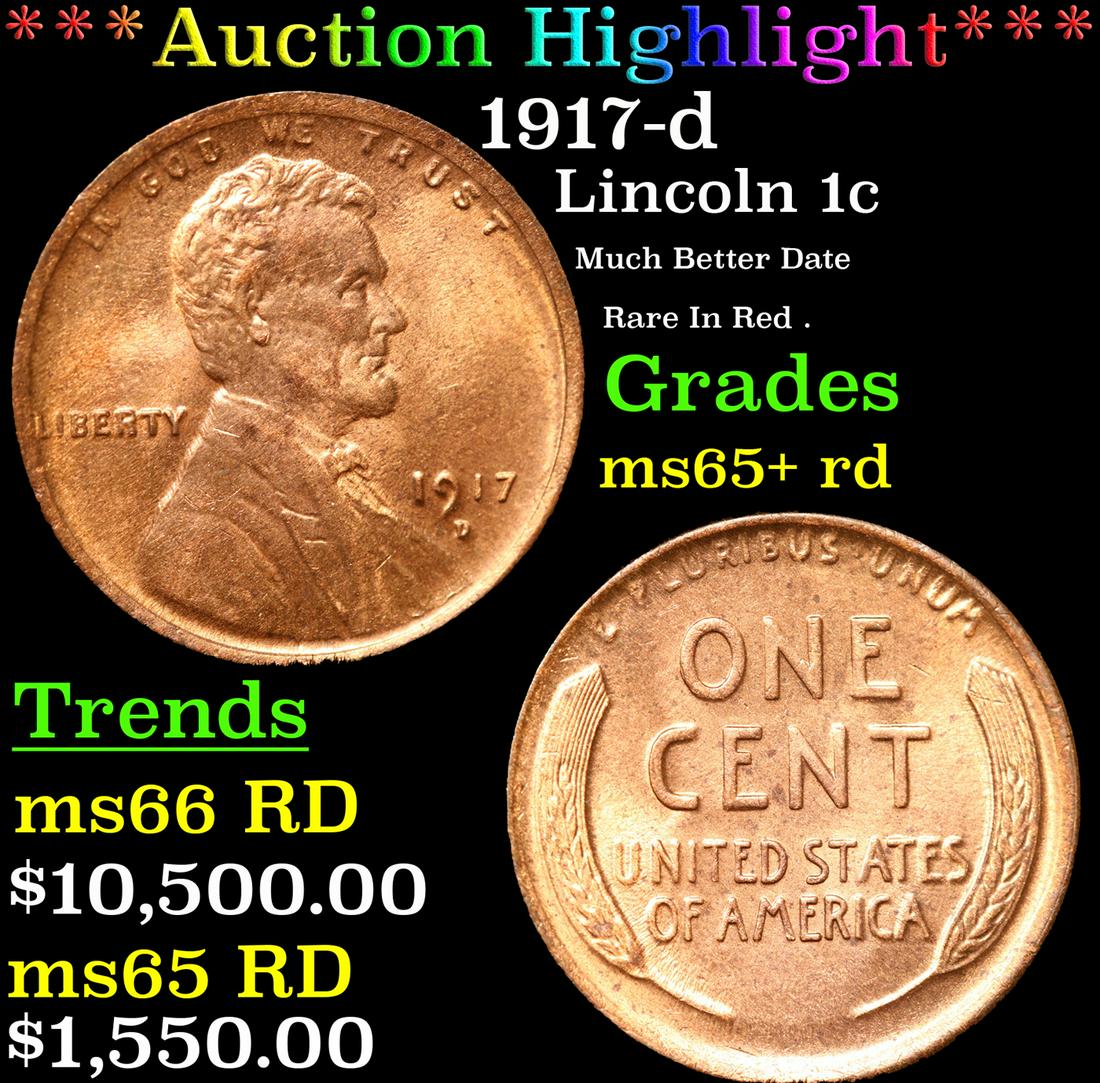 ***Auction Highlight*** 1917-d Lincoln Cent 1c Grades Gem+ Unc RD By SEGS (fc) (1 of 5)