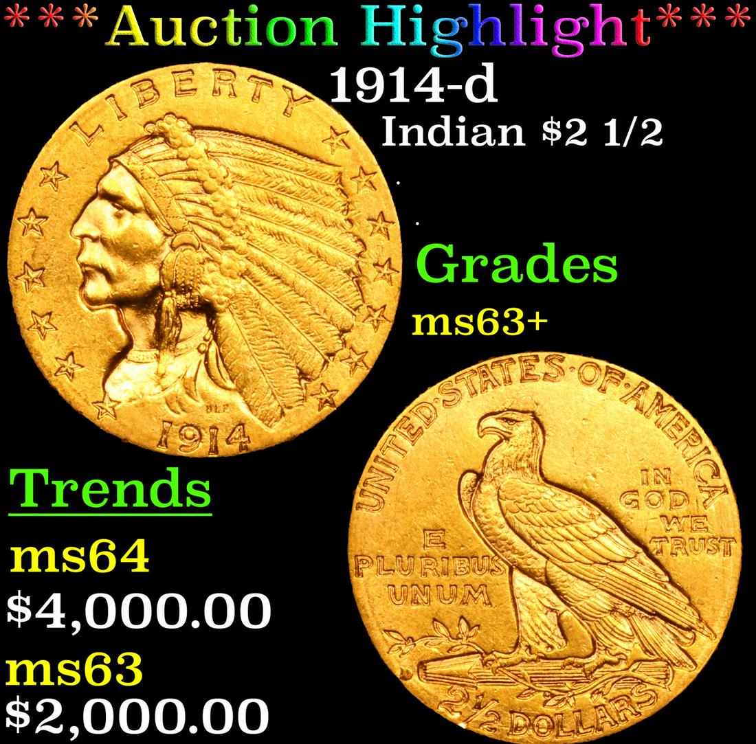 ***Auction Highlight*** 1914-d Gold Indian Quarter Eagle $2 1/2 Graded Select+ Unc By USCG (fc) (1 of 5)