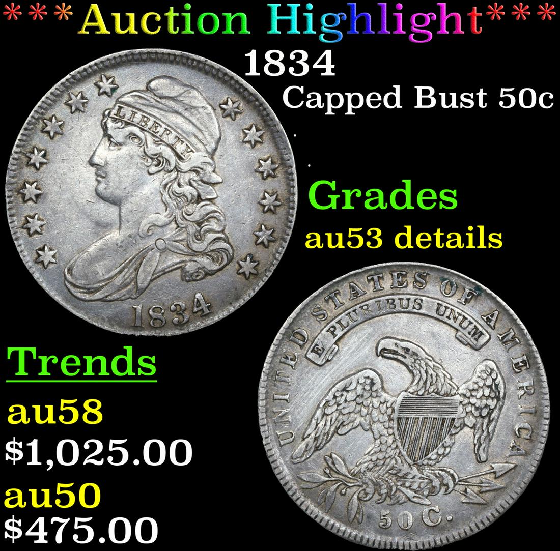 ***Auction Highlight*** 1834 Capped Bust Half Dollar 50c Graded au53 details By SEGS (fc) (1 of 5)