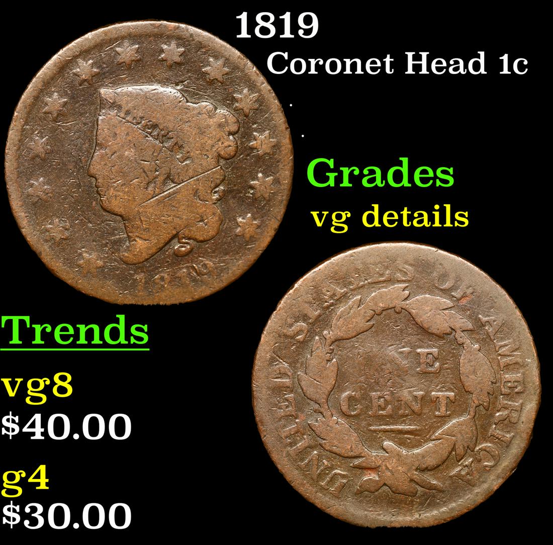 1819 Coronet Head Large Cent 1c Grades vg details (1 of 3)