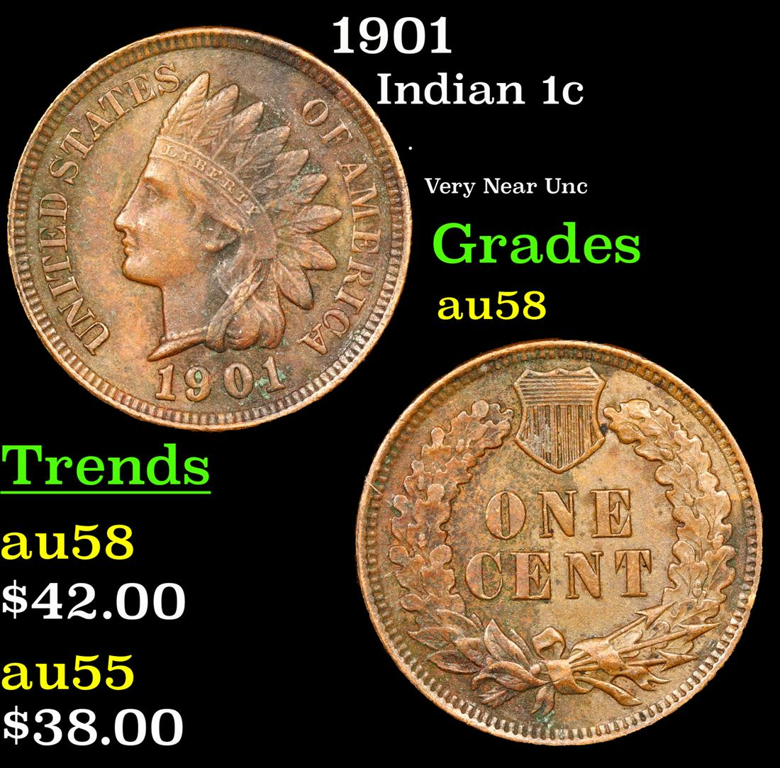 1901 Indian Cent 1c Grades Choice AU/BU Slider (1 of 3)