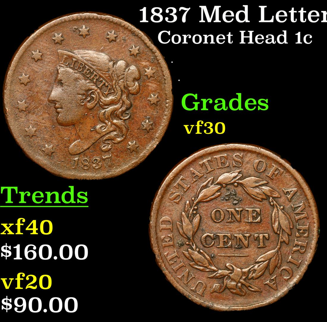 1837 Med Letters Coronet Head Large Cent 1c Grades vf++ (1 of 3)