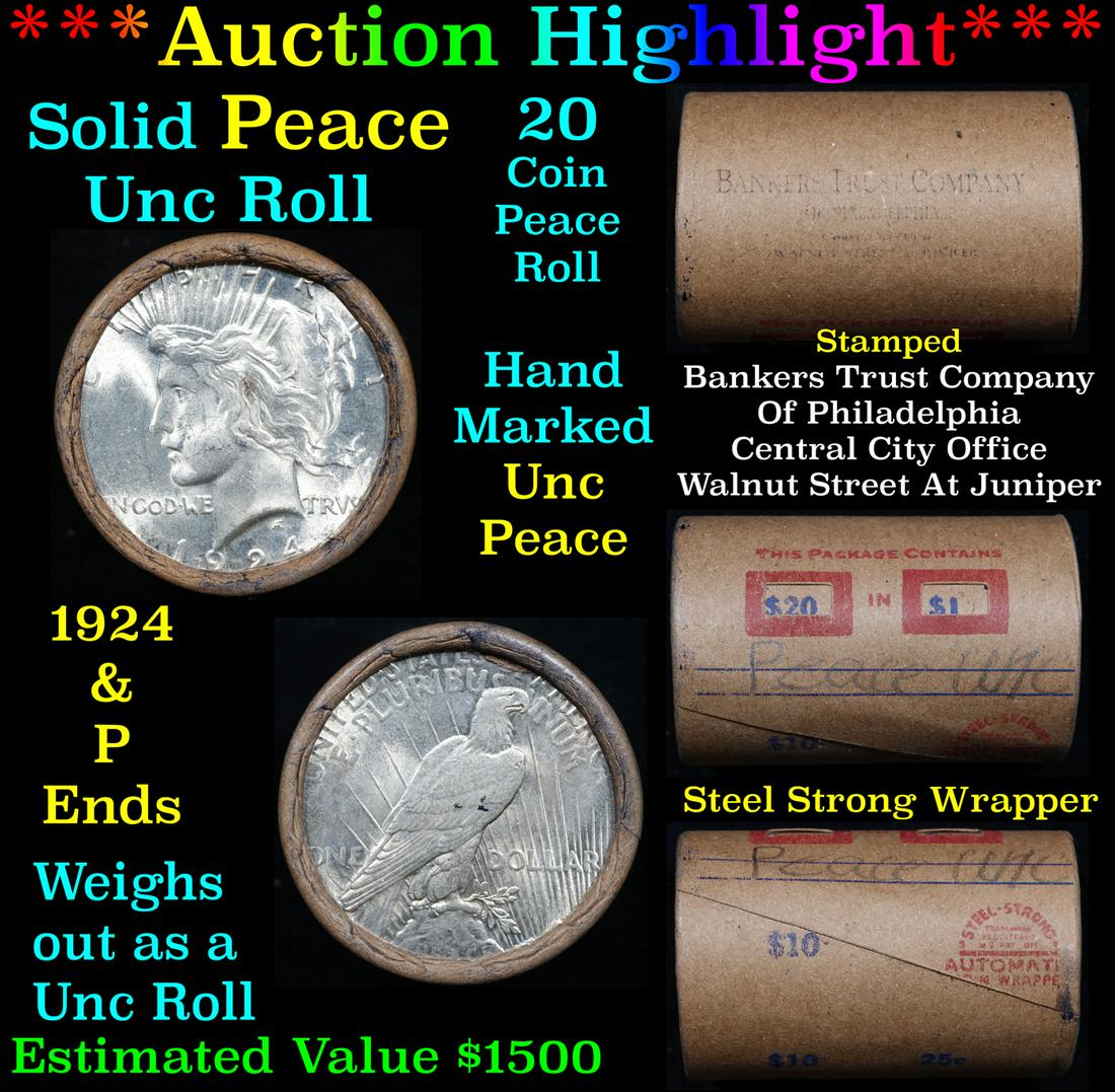 ***Auction Highlight*** Solid Uncirculated Peace silver dollar roll 1924 & P Ends, 20 coins (fc) (1 of 6)