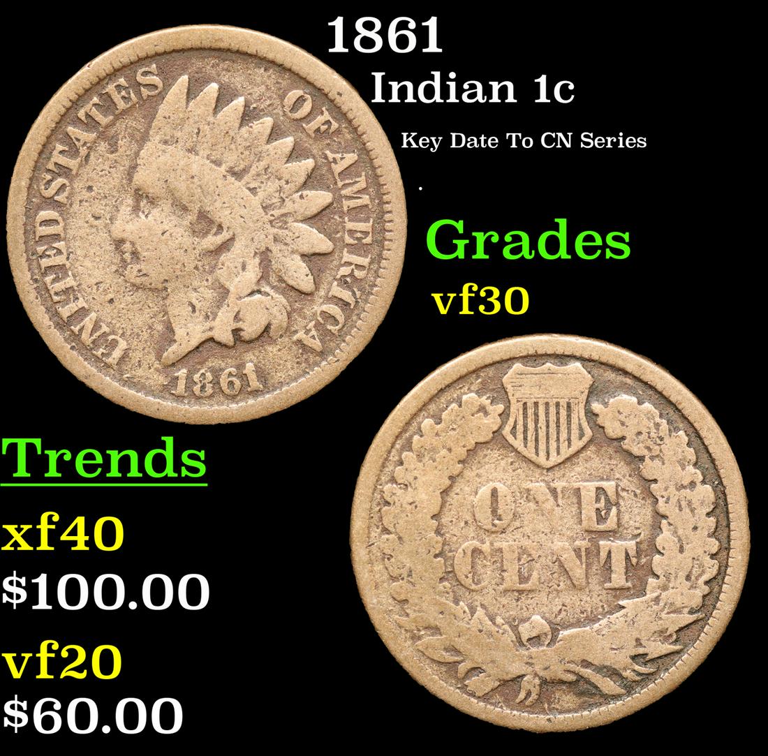 1861 Indian Cent 1c Grades vf++ (1 of 3)