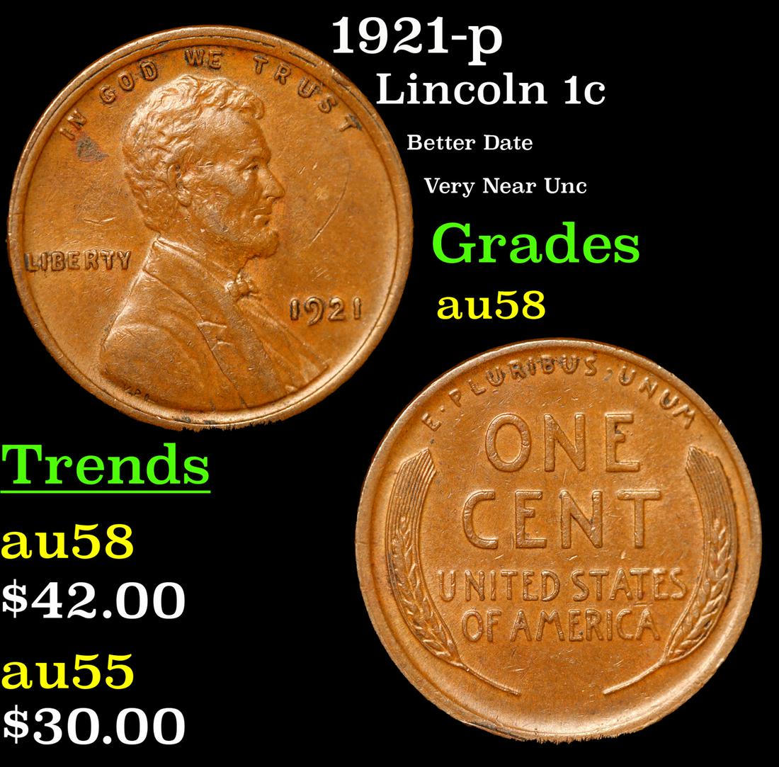 1921-p Lincoln Cent 1c Grades Choice AU/BU Slider (1 of 3)