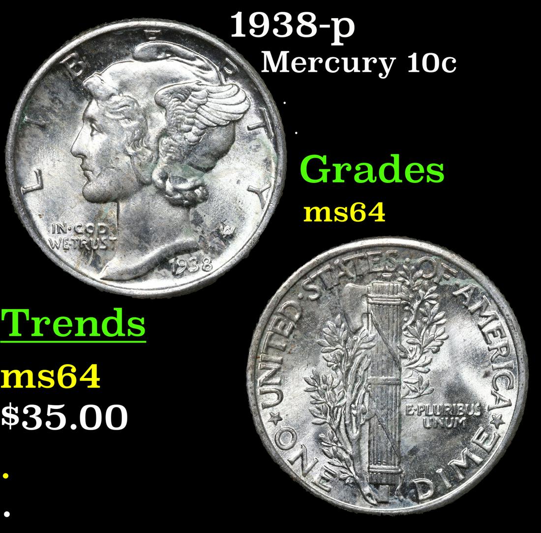 1938-p Mercury Dime 10c Grades Choice Unc (1 of 3)
