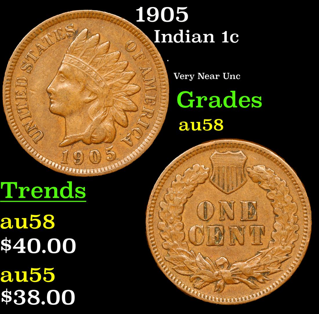 1905 Indian Cent 1c Grades Choice AU/BU Slider (1 of 3)