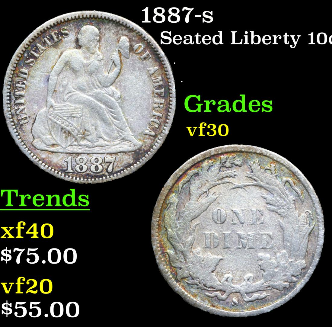 1887-s Seated Liberty Dime 10c Grades vf++ (1 of 3)