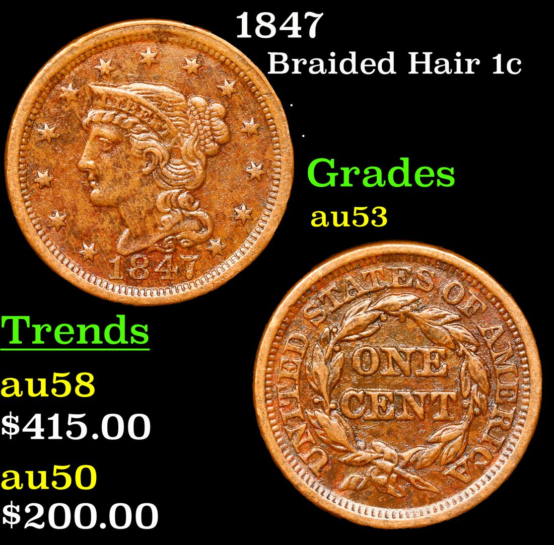1847 Braided Hair Large Cent 1c Grades Select AU (1 of 3)