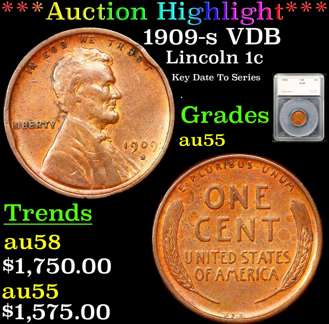 ***Auction Highlight*** 1909-s VDB Lincoln Cent 1c Grades Choice AU By SEGS (fc) (1 of 5)