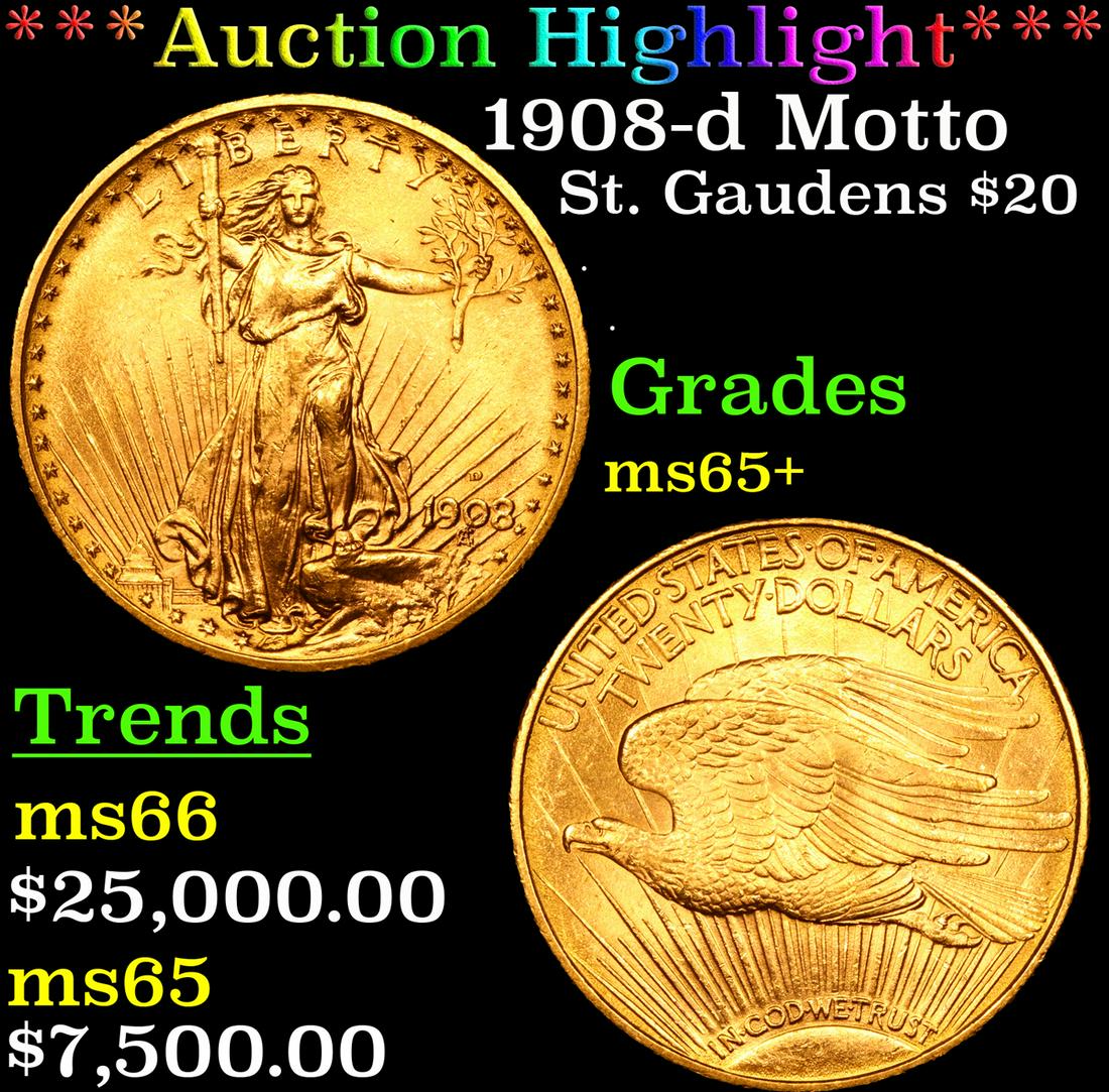 ***Auction Highlight*** 1908-d Motto Gold St. Gaudens Double Eagle $20 Graded ms65+ By SEGS (fc) (1 of 5)