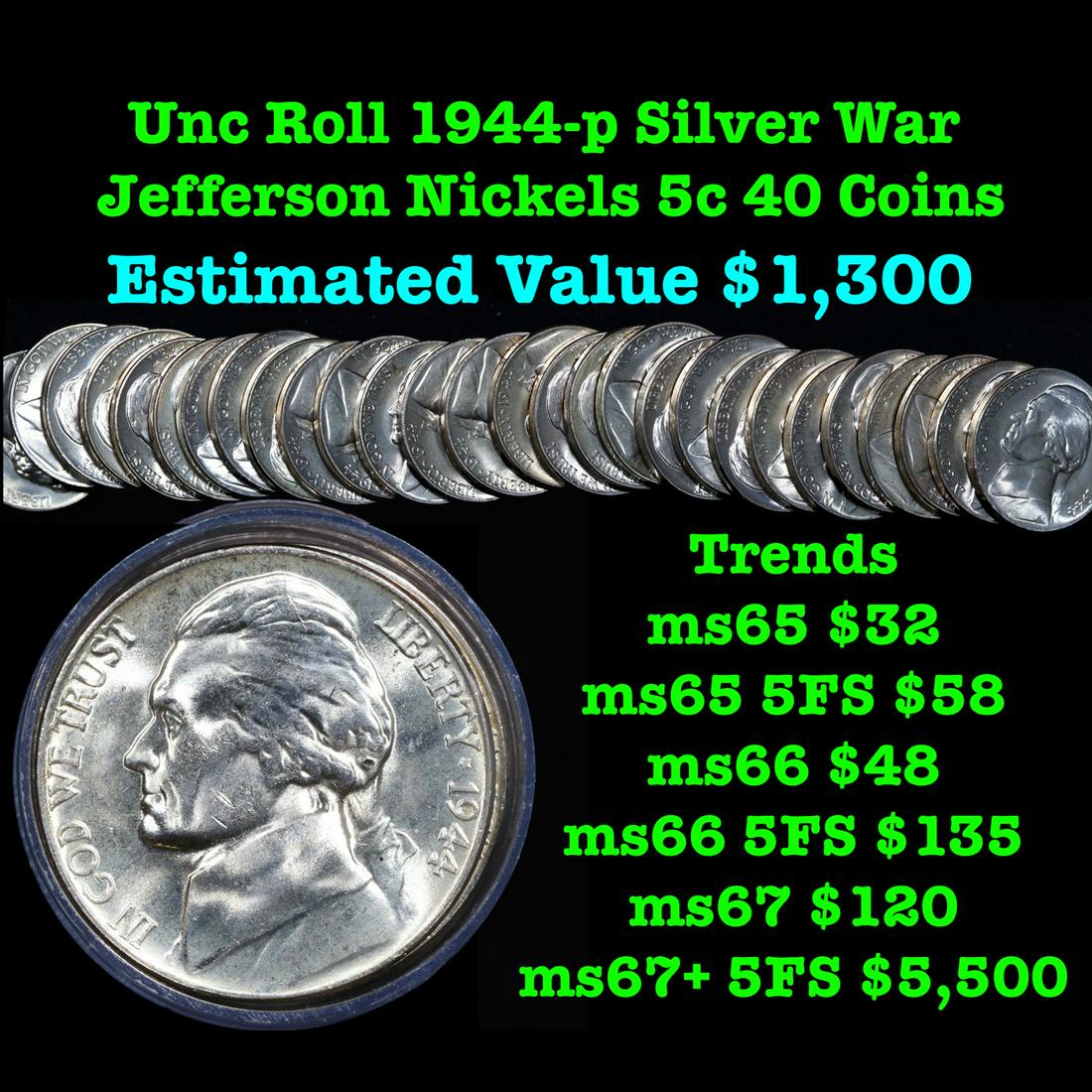 Full roll of Gem 1944-p Jefferson 5c, 40 Coins total Jefferson Nickle 5c (1 of 3)