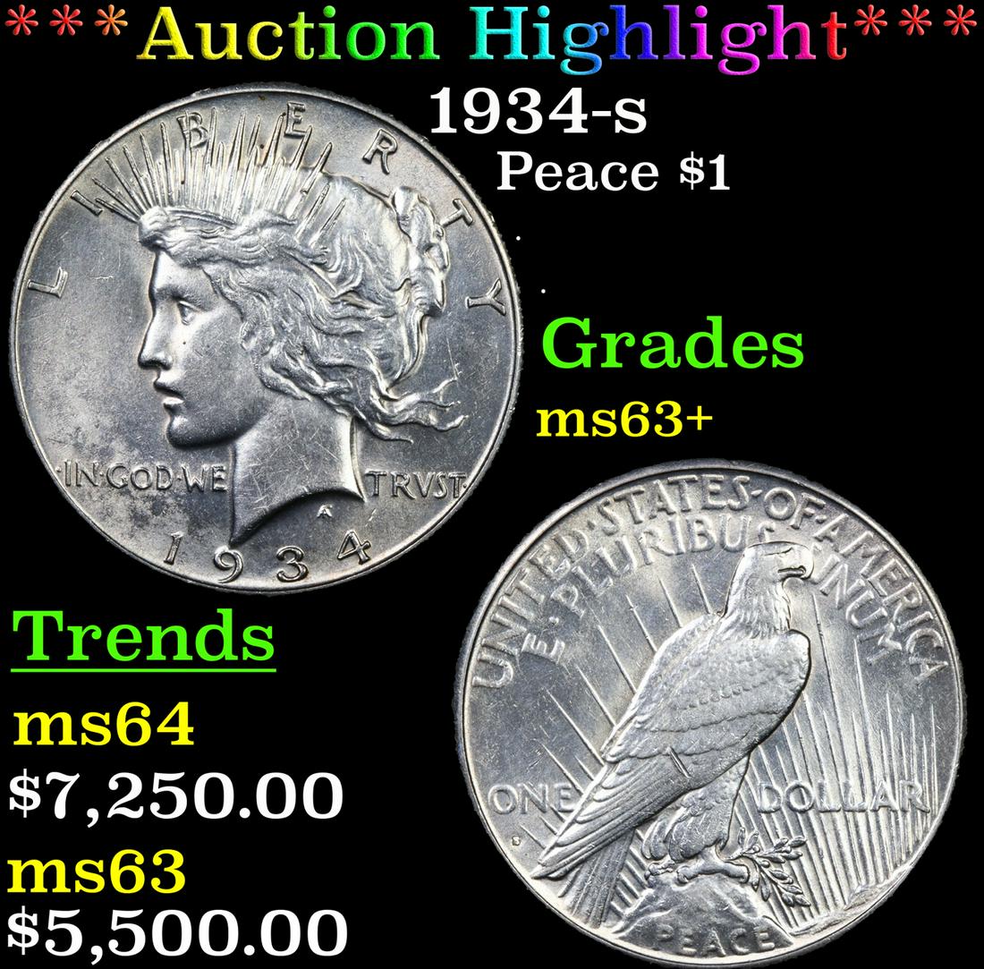***Auction Highlight*** 1934-s Peace Dollar $1 Graded ms63+ By SEGS (fc) (1 of 5)