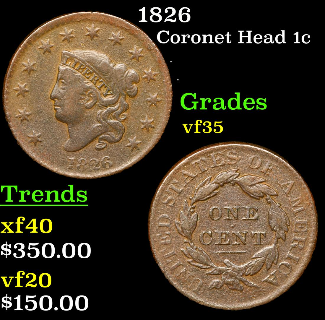1826 Coronet Head Large Cent 1c Grades vf++ (1 of 3)