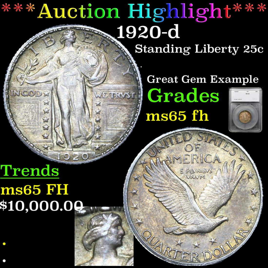 ***Auction Highlight*** 1920-d Standing Liberty Quarter 25c Graded ms65 fh By SEGS (fc) (1 of 6)