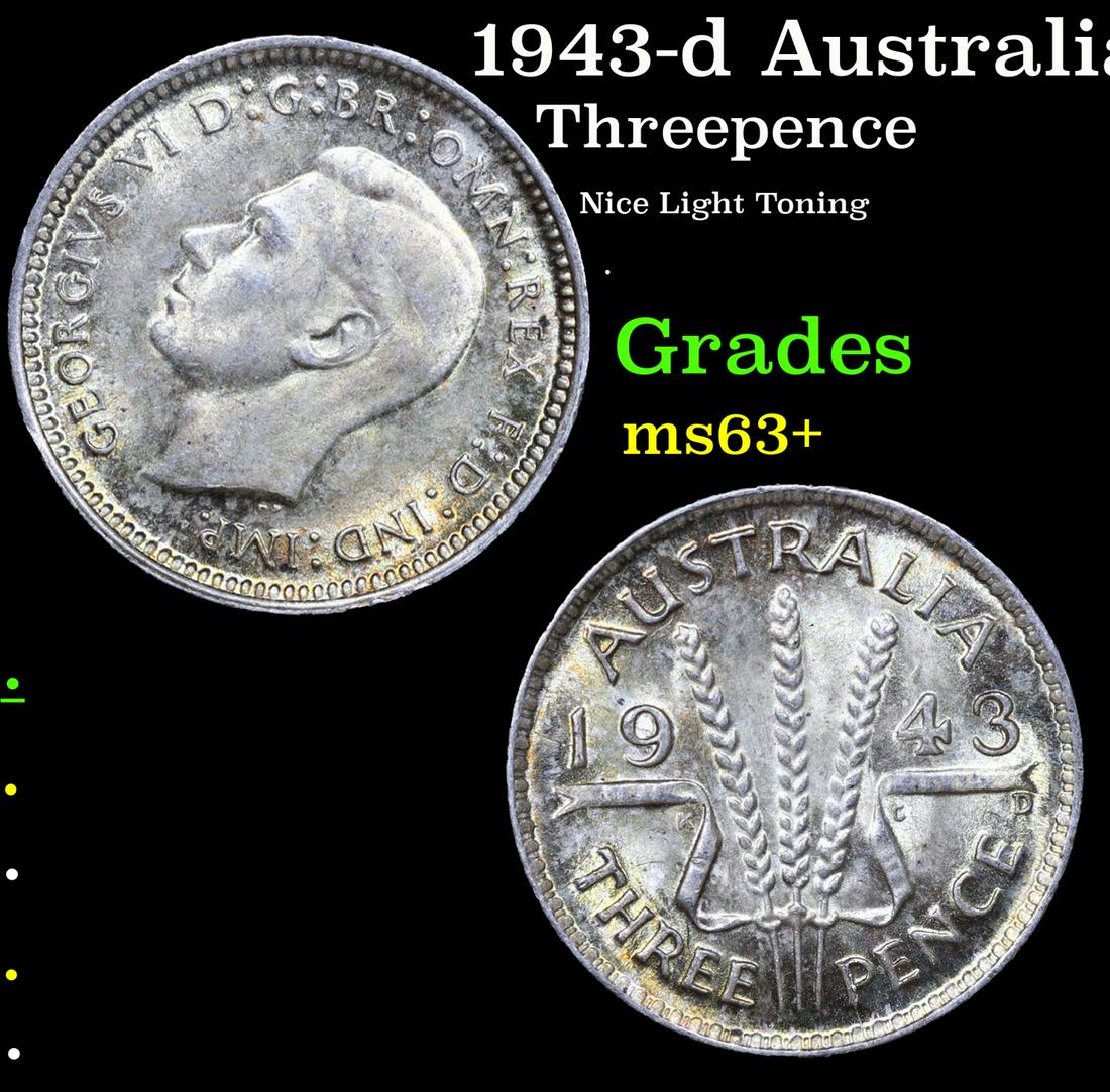 1943-d Australia 3 George VI Pence Threepence  KM-37 Grades Select+ Unc (1 of 3)