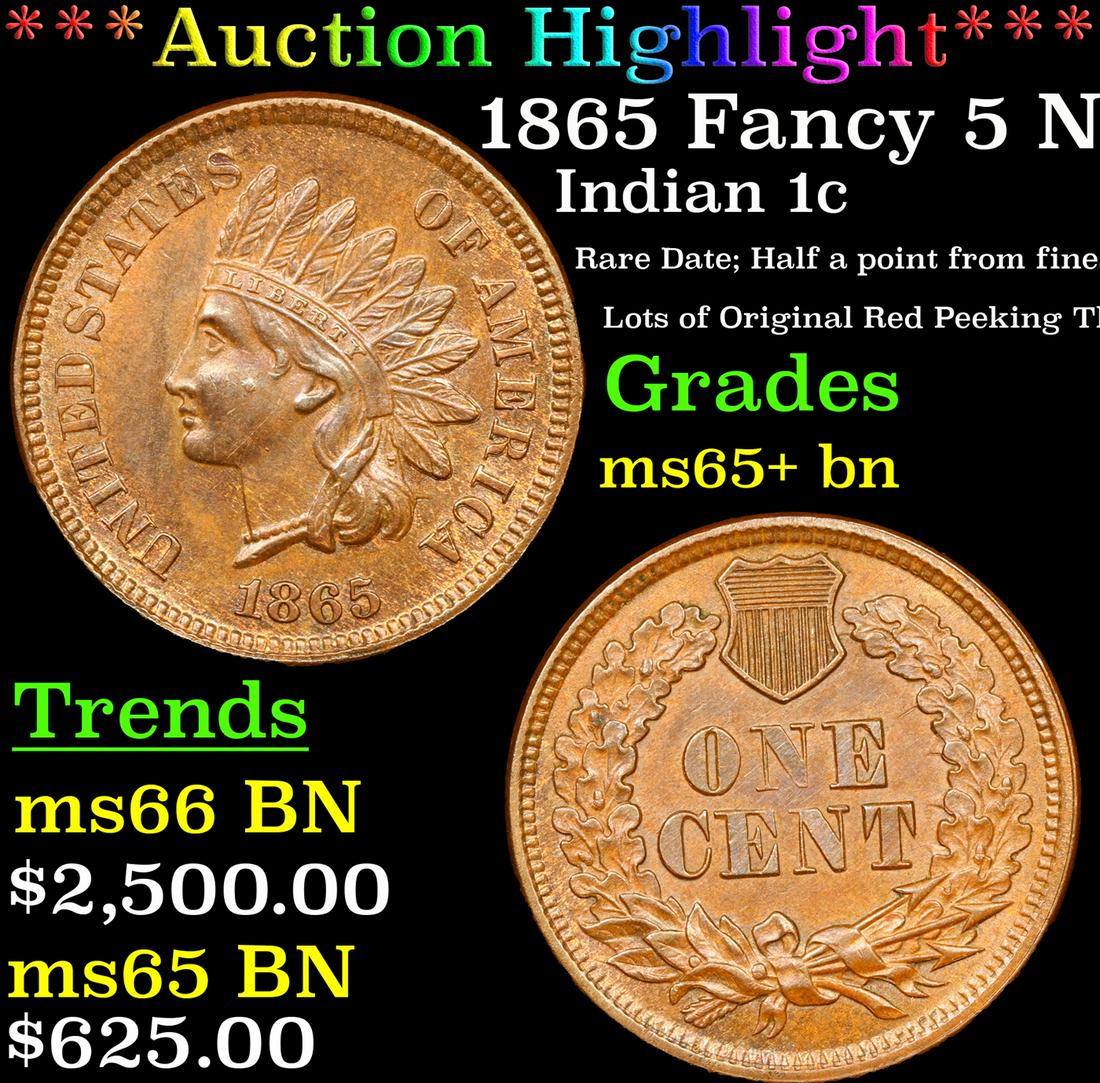 ***Auction Highlight*** 1865 Fancy 5 Indian Cent Near TOP POP! 1c Grades GEM+ Unc BN By SEGS (fc) (1 of 5)