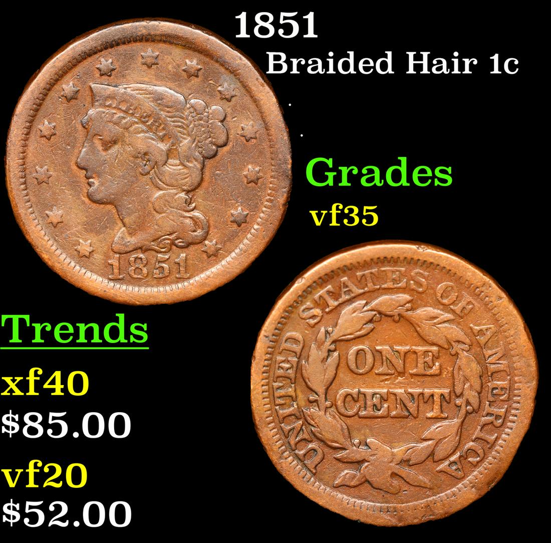 1851 Braided Hair Large Cent 1c Grades vf++ (1 of 3)