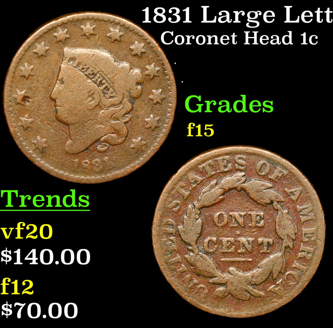 1831 Large Letters Coronet Head Large Cent 1c Grades f+ (1 of 3)