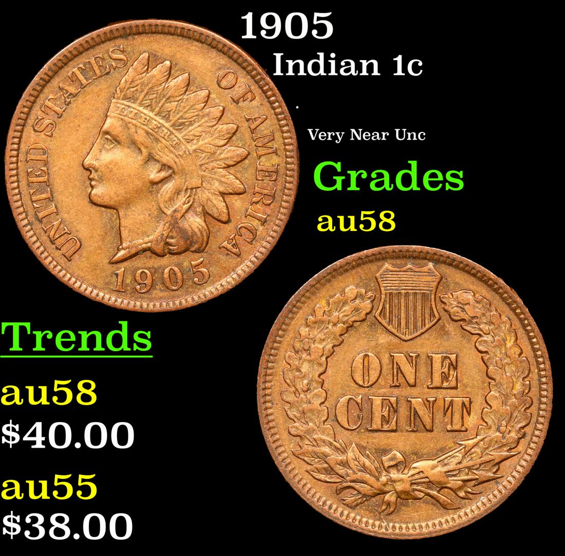 1905 Indian Cent 1c Grades Choice AU/BU Slider (1 of 3)