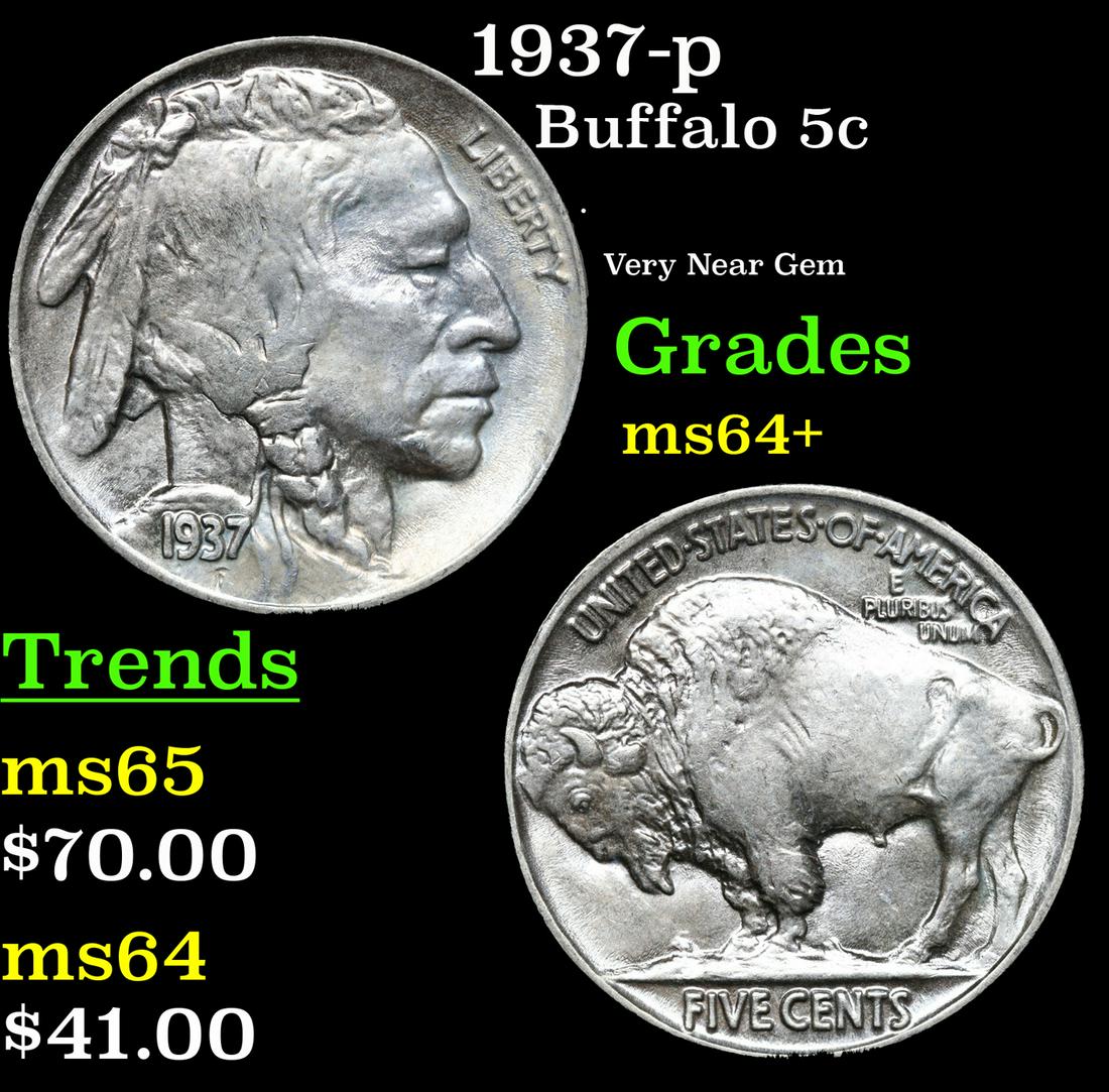 1937-p Buffalo Nickel 5c Grades Choice+ Unc (1 of 3)