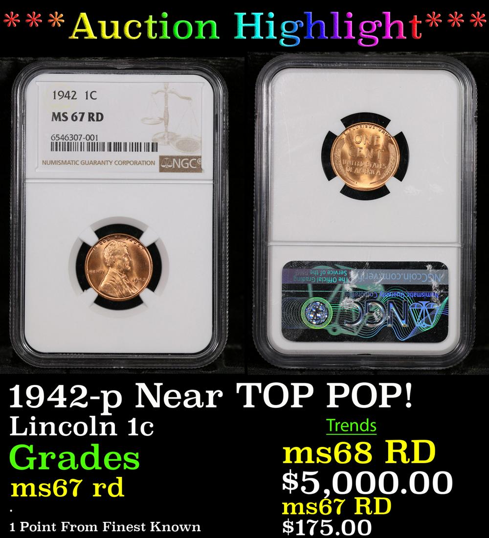***Auction Highlight*** NGC 1942-p Lincoln Cent Near TOP POP! 1c Graded ms67 rd By NGC (fc) (1 of 3)