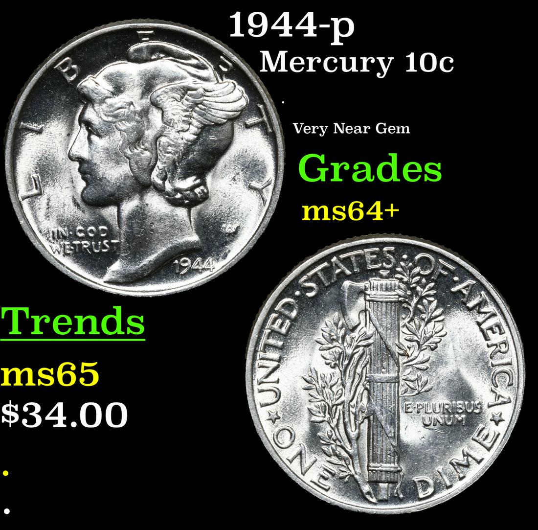1944-p Mercury Dime 10c Grades Choice+ Unc (1 of 1)