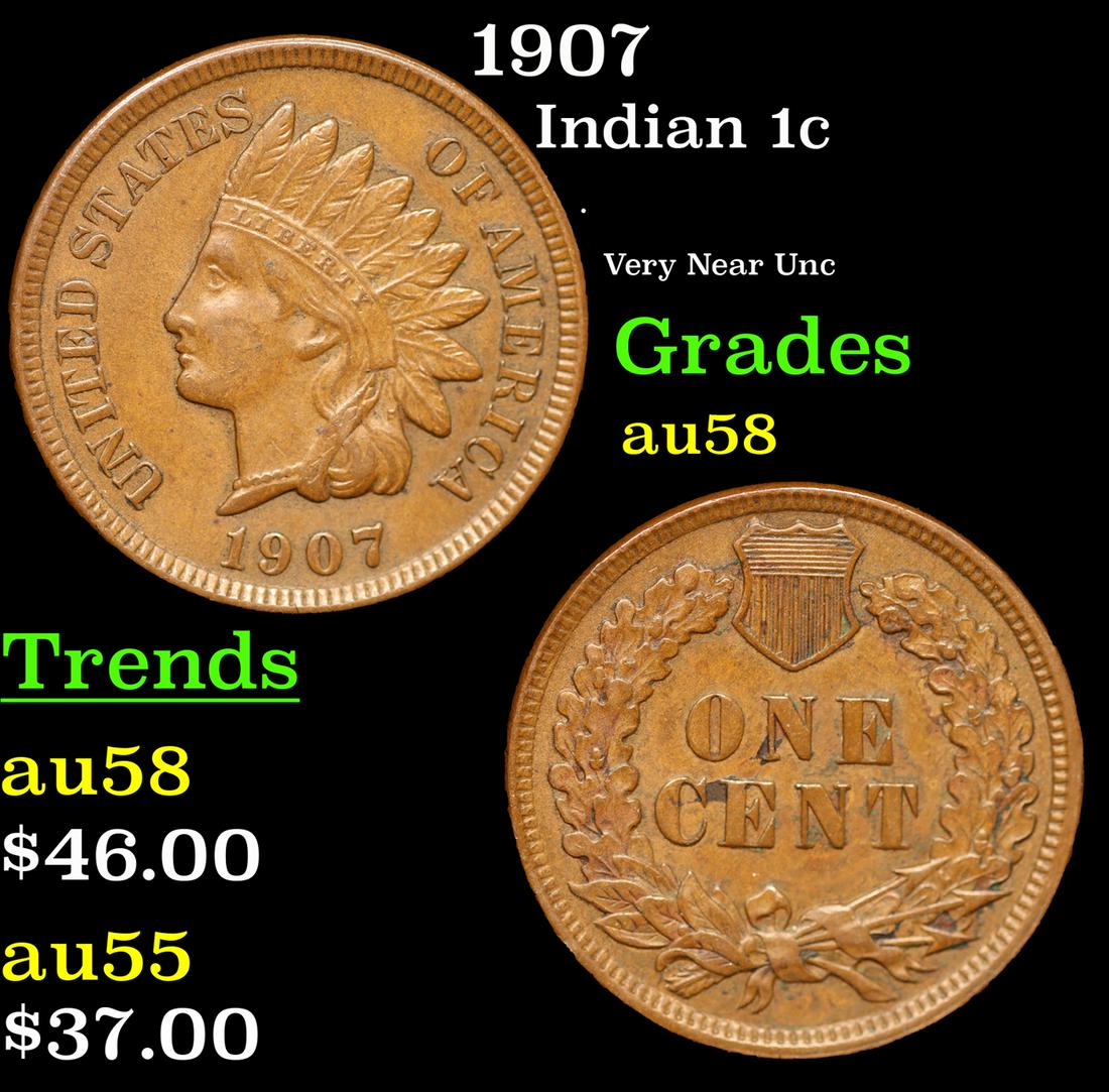 1907 Indian Cent 1c Grades Choice AU/BU Slider (1 of 1)