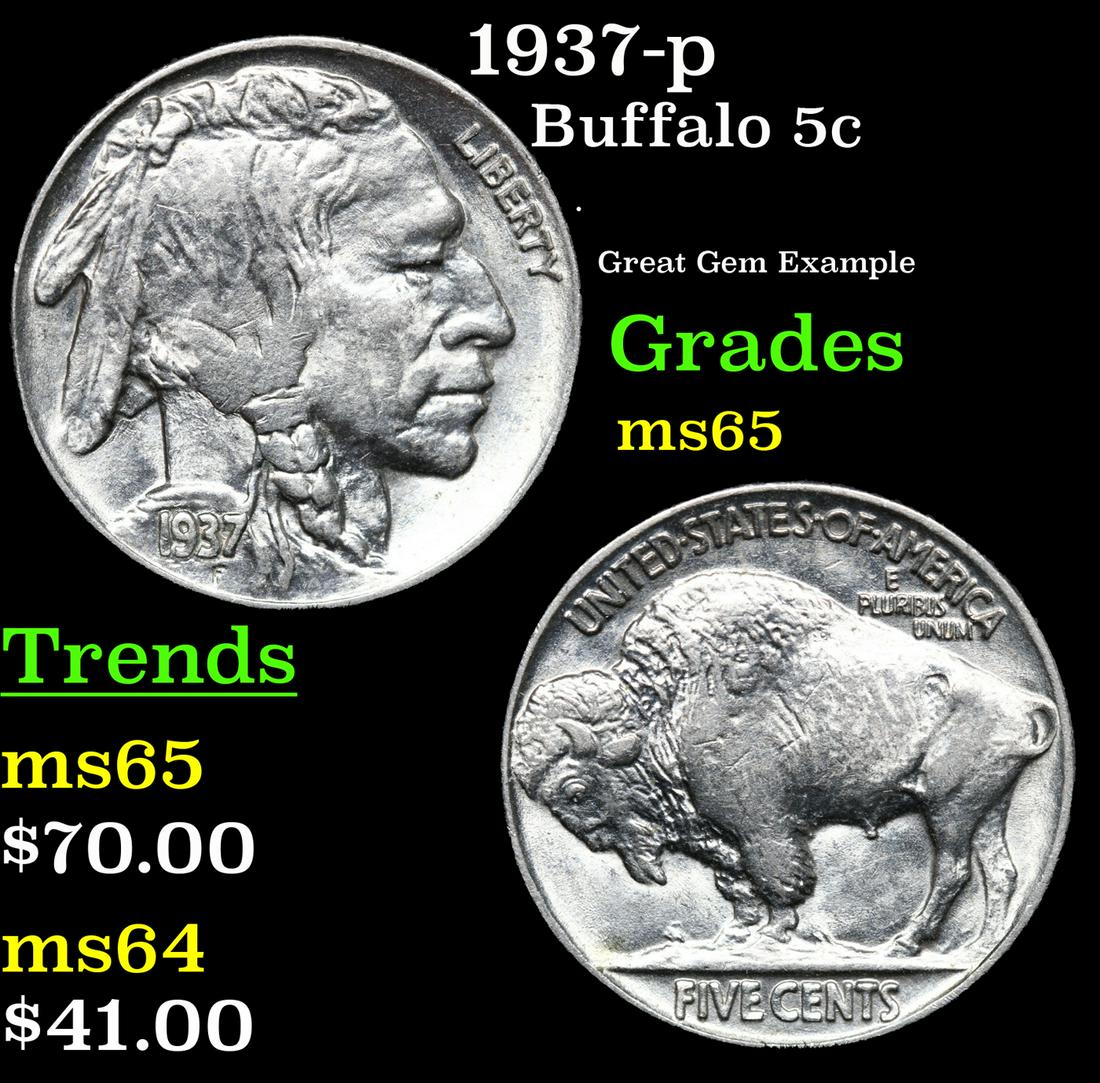 1937-p Buffalo Nickel 5c Grades GEM Unc (1 of 1)