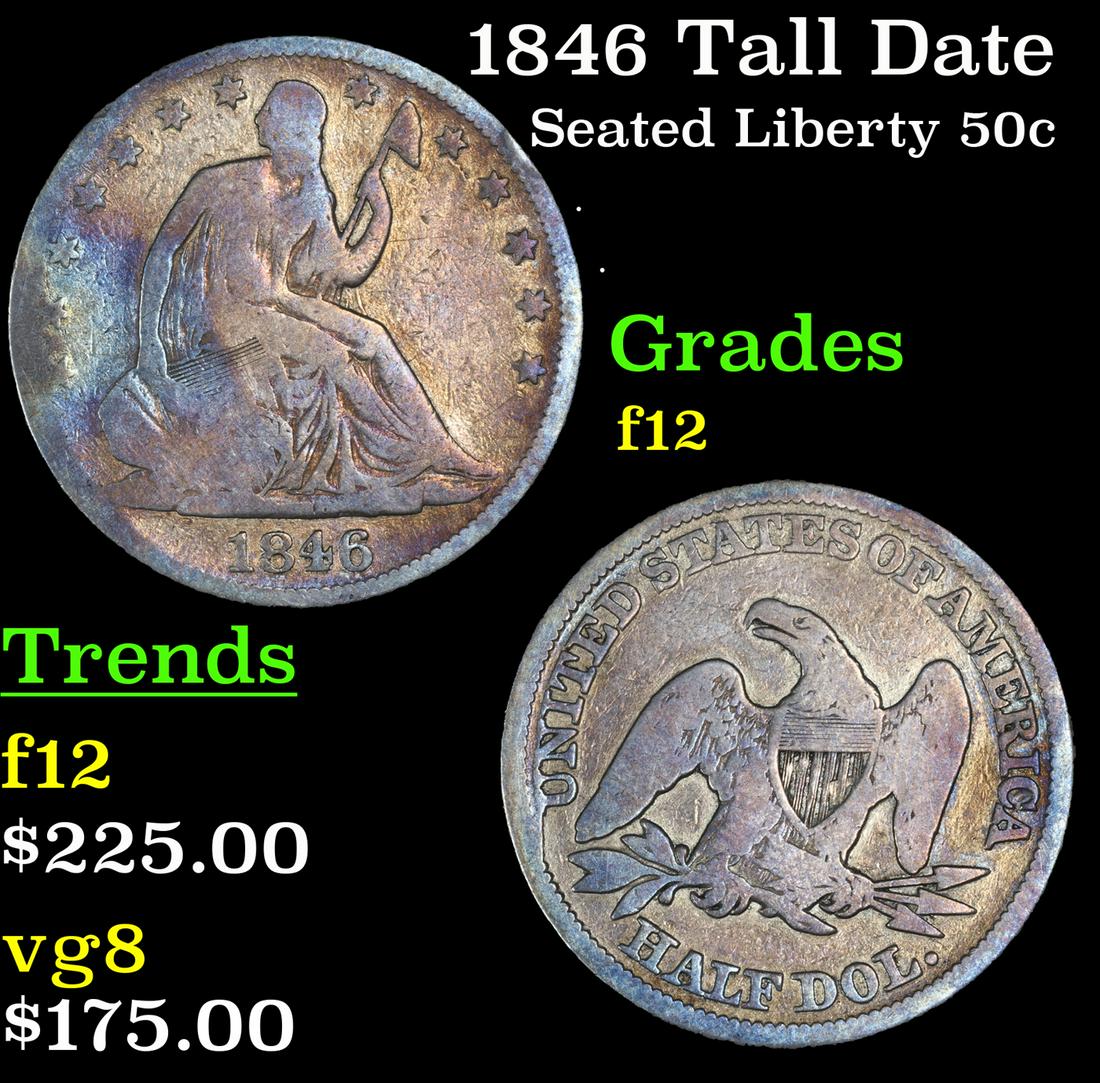 1846 Tall Date Seated Half Dollar 50c Grades f, fine (1 of 1)
