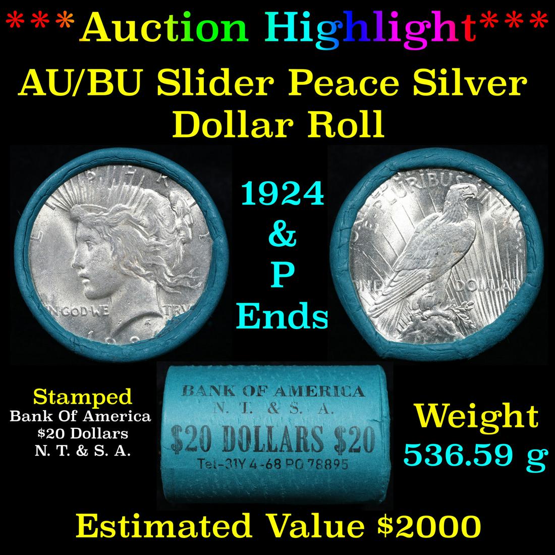 ***Auction Highlight*** Bank Of America 1924 & 'P' Ends Mixed Morgan/Peace Silver dollar roll, 20 (1 of 4)