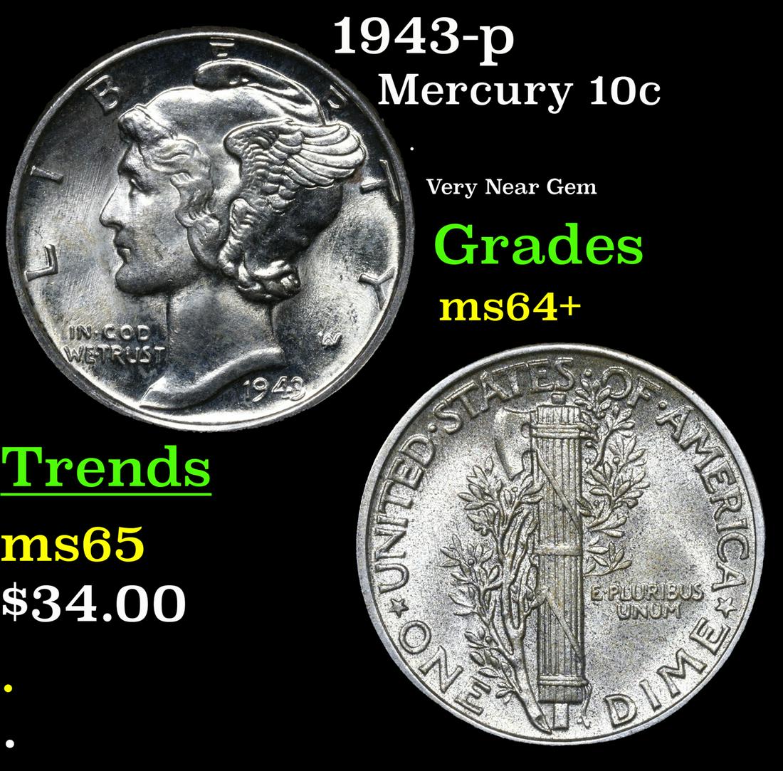 1943-p Mercury Dime 10c Grades Choice+ Unc (1 of 1)
