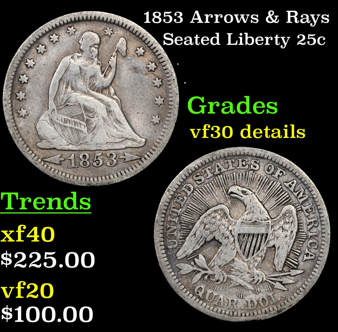 1853 Arrows & Rays Seated Liberty Quarter 25c Grades vf details (1 of 1)