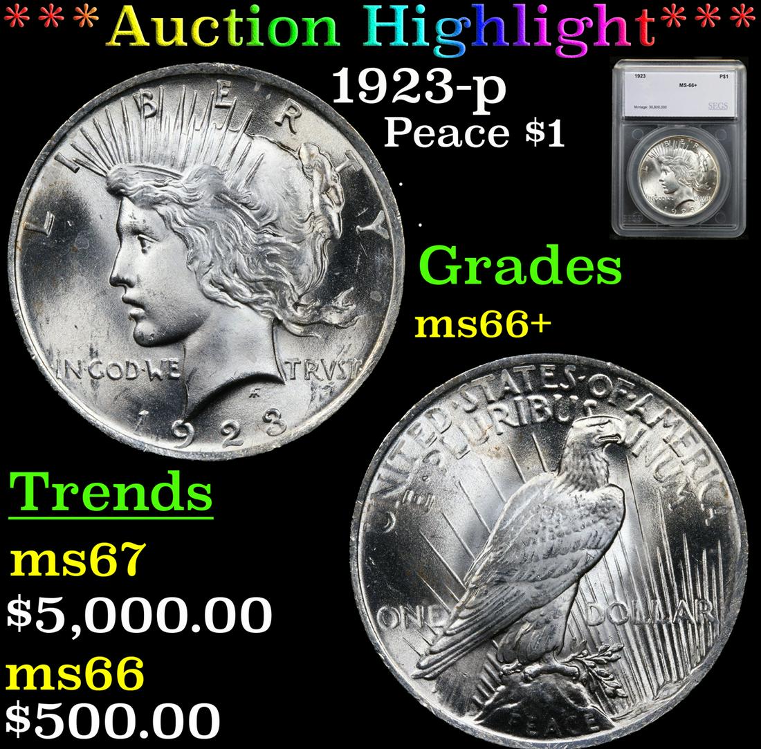 ***Auction Highlight*** 1923-p Peace Dollar $1 Graded ms66+ By SEGS (fc) (1 of 3)
