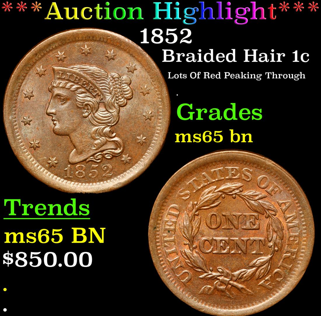 ***Auction Highlight*** 1852 Braided Hair Large Cent 1c Graded ms65 bn By SEGS (fc) (1 of 5)