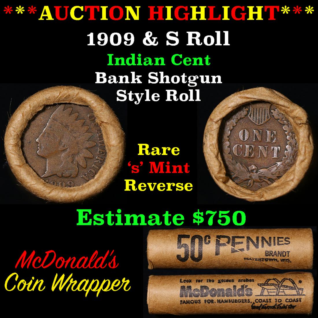 Lincoln Wheat cent 1c orig roll, 1909-s end,Indian cent other end (1 of 5)