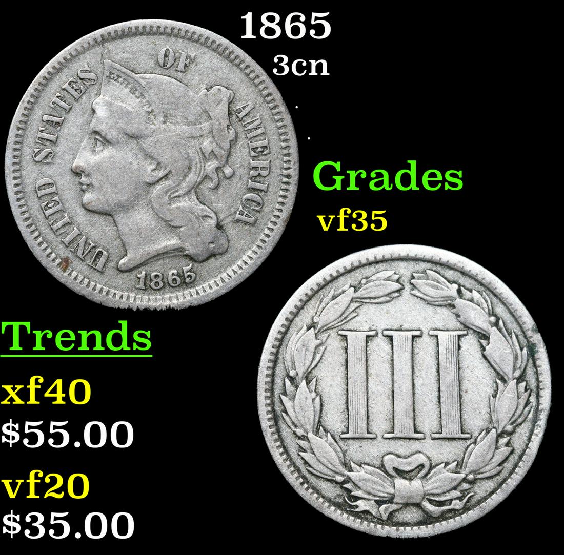 1865 Three Cent Copper Nickel 3cn Grades vf++ (1 of 3)