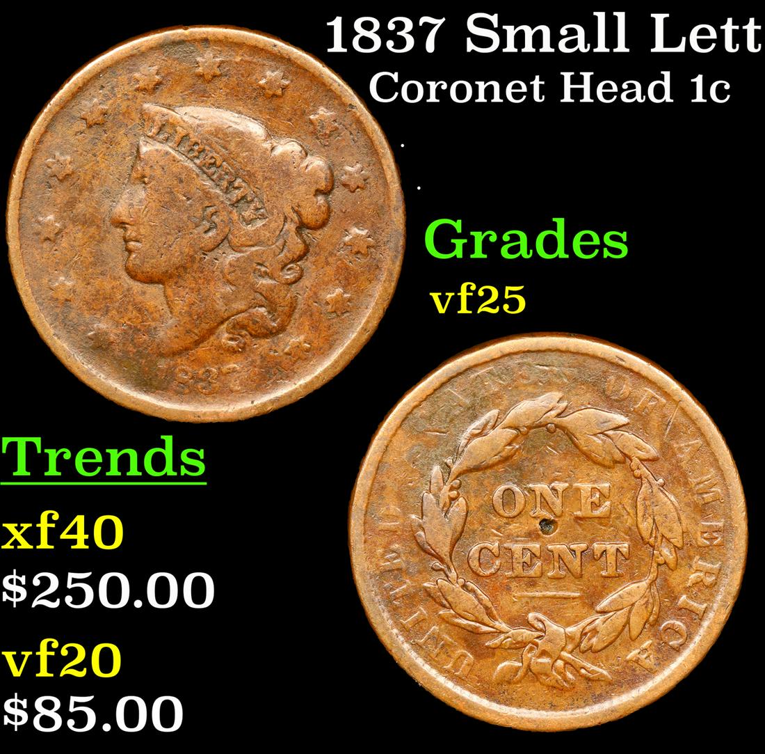 1837 Small Letters Coronet Head Large Cent 1c Grades vf+ (1 of 3)