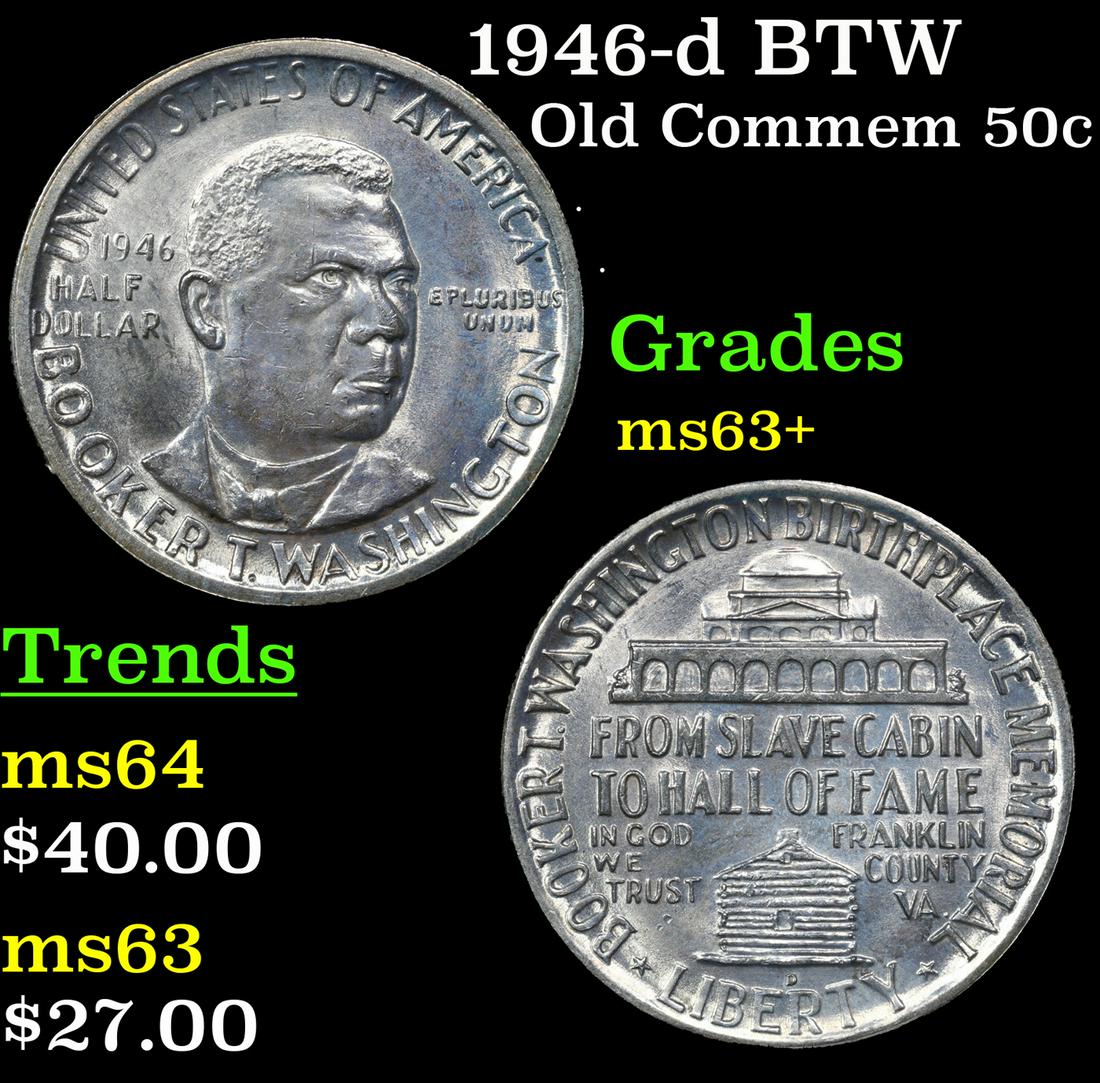 1946-d BTW Old Commem Half Dollar 50c Grades Select+ Unc: 1946-d BTW Old Commem Half Dollar 50c Grades Select+ Unc. When examining a Booker T. Washington commemorative look for wear on the high points, on the obverse that is Mr. Washington's right Cheek (fro